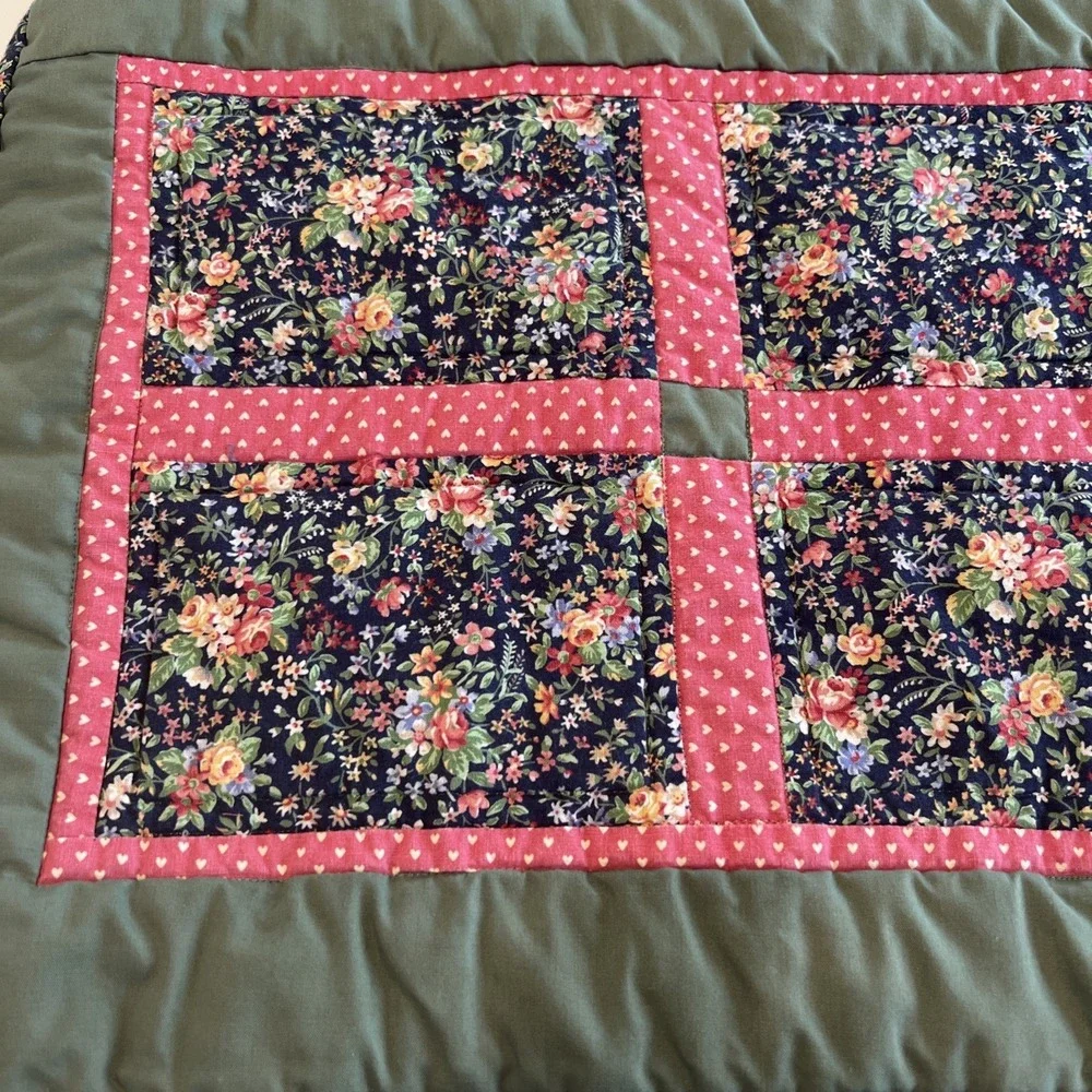Handmade Quilted Placemats Four  Olive Green Cottage Core Core Hearts Floral